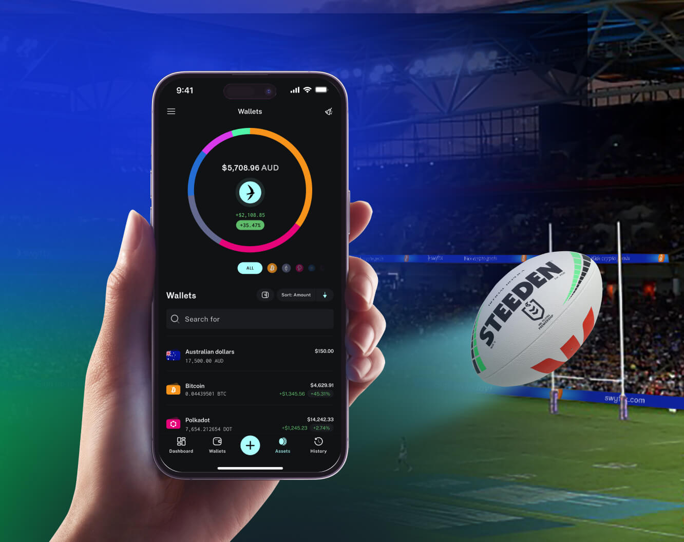 Person holding a phone with a football in the background